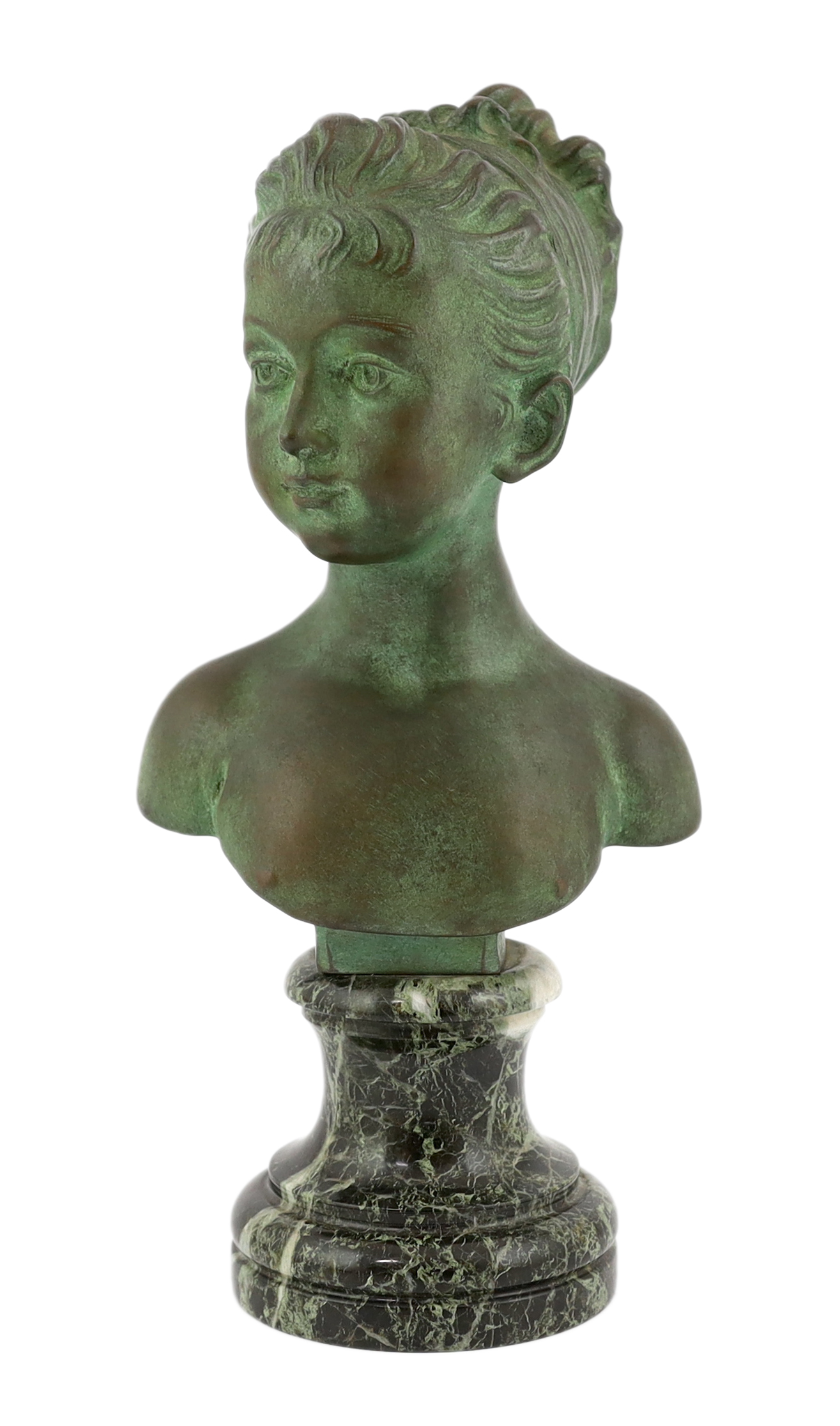 After Jean-Antoine Houdon (1741-1828), a green patinated bronze bust of a child, signed with Patrouilleau éditeur signature in the bronze, on a variegated green marble socle, 35cm high. Condition - good